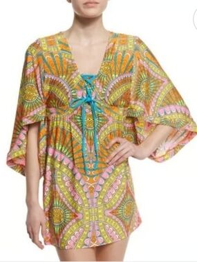 Trina Turk Capri Lace Up Tunic Cover Up Sherbet Orange Print Dolman Sleeve  L